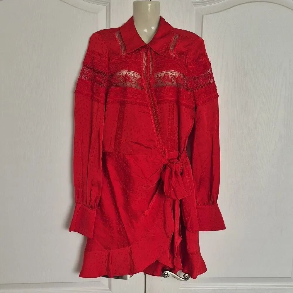 Self-Portrait Vibrant Red Trimmed Lace Wrapped Fabric Midi Dress